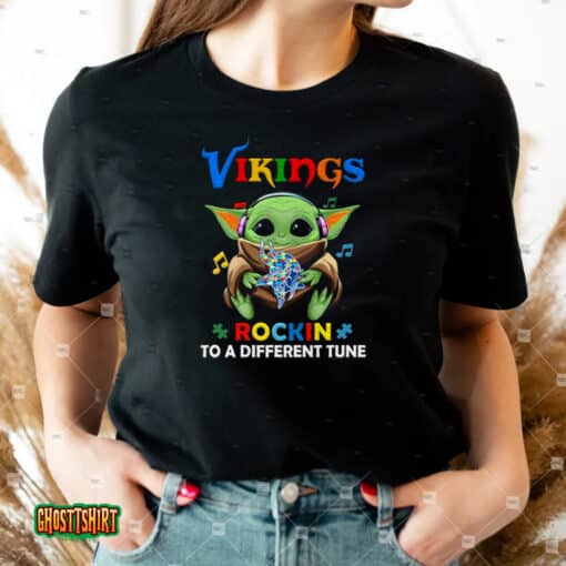 Baby Yoda Hug Minnesota Vikings Autism Rockin To A Different Tune Unisex T-Shirt