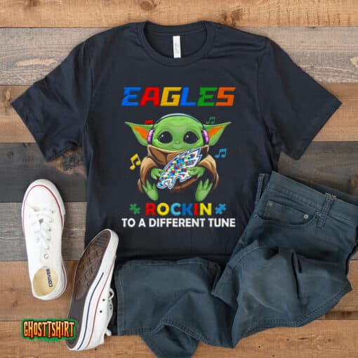 Baby Yoda Hug Philadelphia Eagles Autism Rockin To A Different Tune Unisex T-Shirt