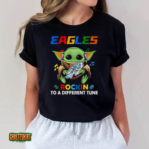 Baby Yoda Hug Philadelphia Eagles Autism Rockin To A Different Tune Unisex T-Shirt
