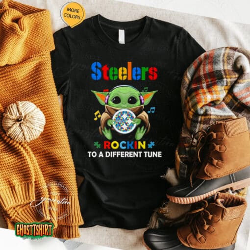 Baby Yoda Hug Pittsburgh Steelers Autism Rockin To A Different Tune Unisex T-Shirt
