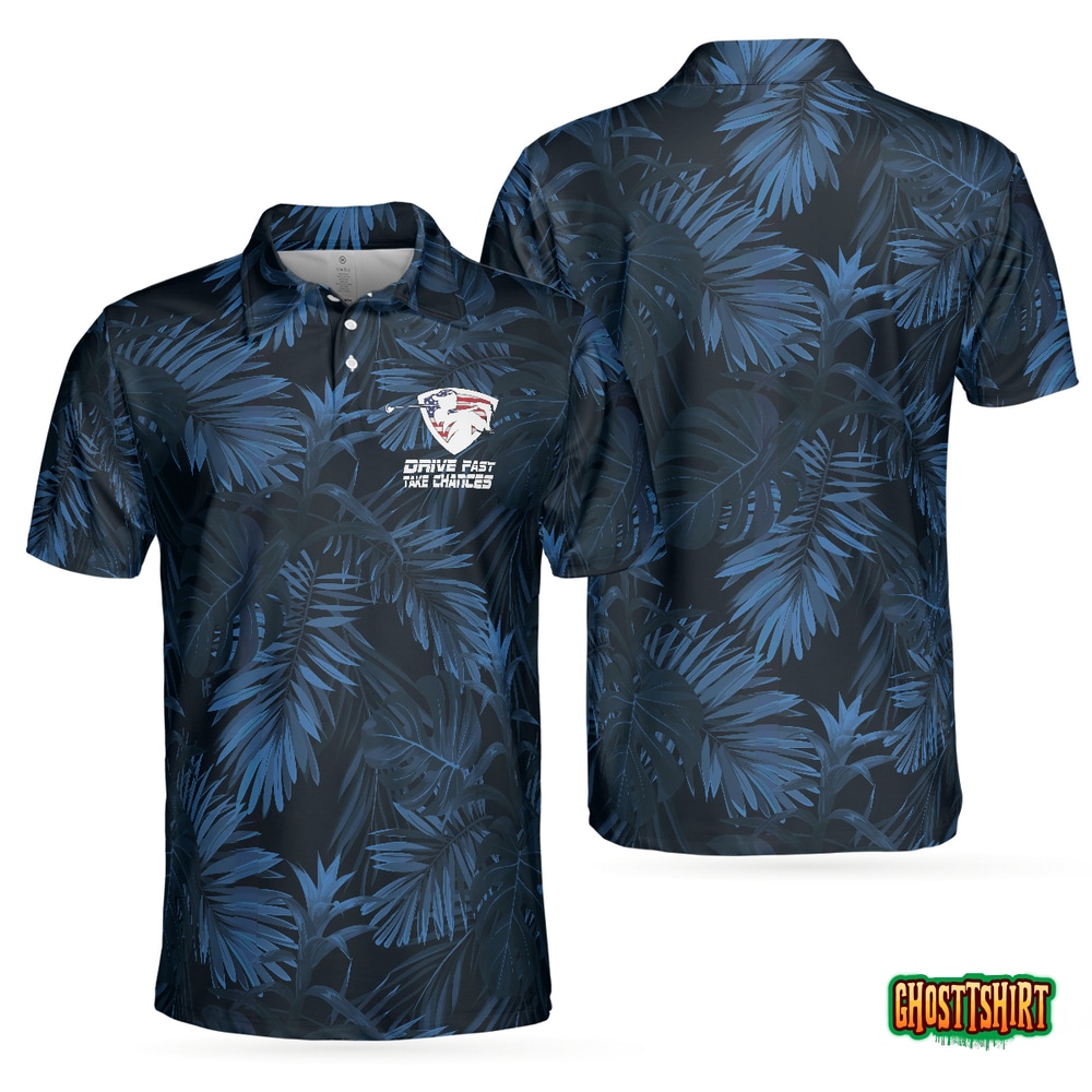 Black And Navy Blue Tropical Pattern Golf Player Polo Shirt