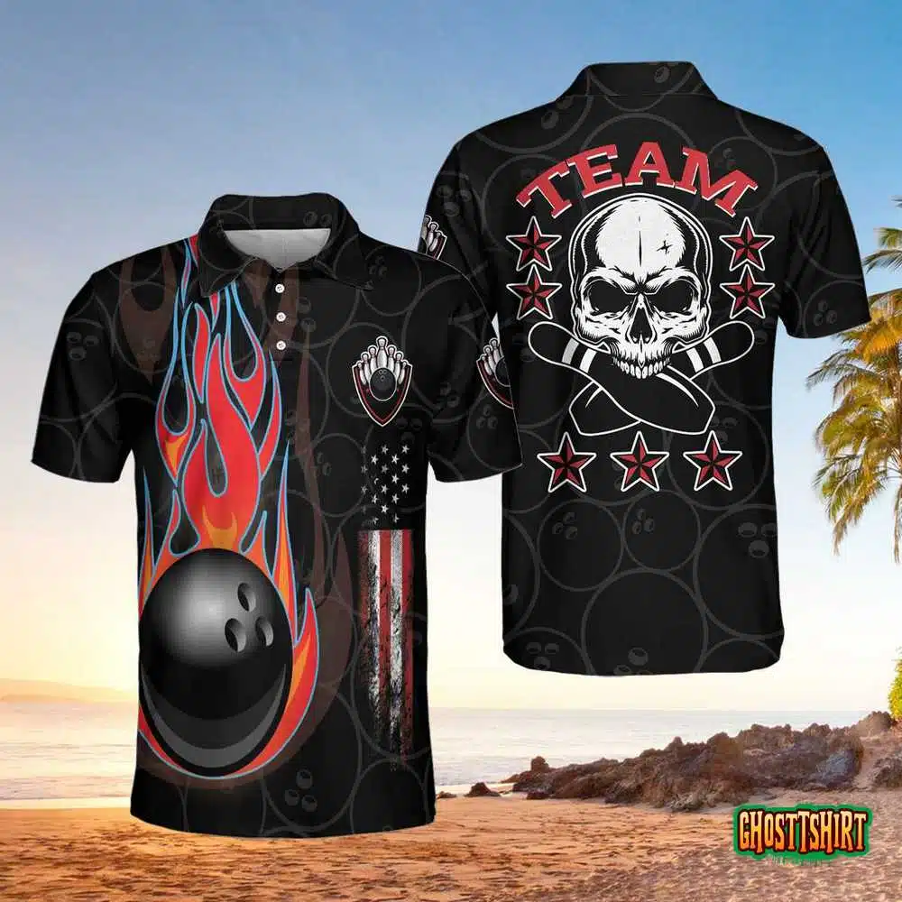 Bowling And Skull Team Black Short Sleeve Polo Shirt