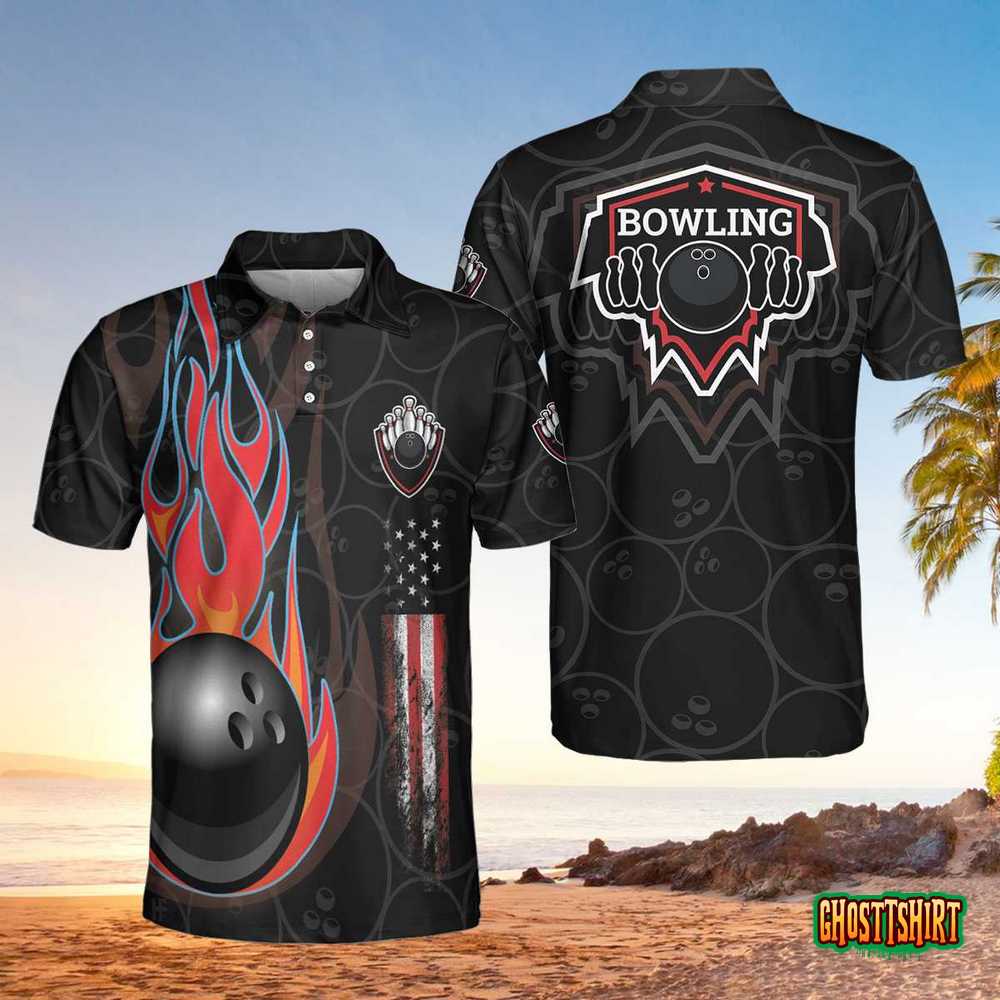 Bowling In Fire And American Flag Short Sleeve Polo Shirt