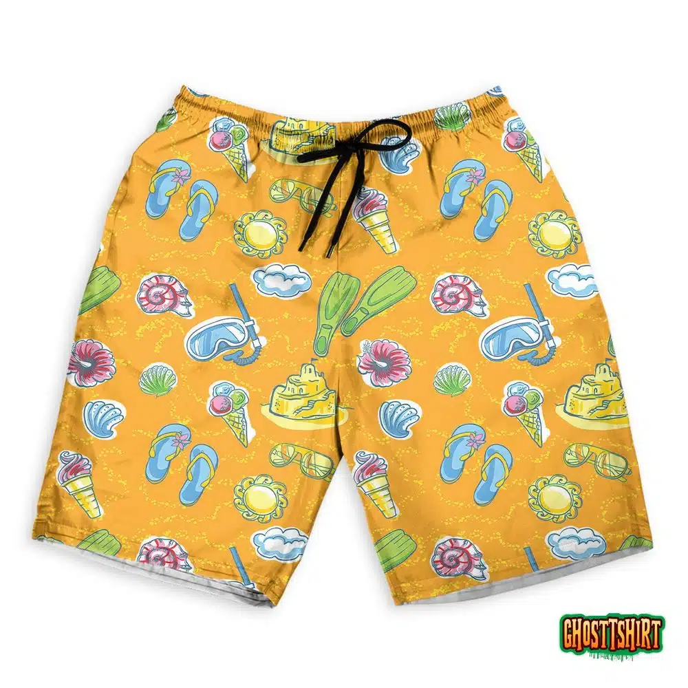 Bright Seamless Pattern With Seashells Hawaiian Beach Shorts