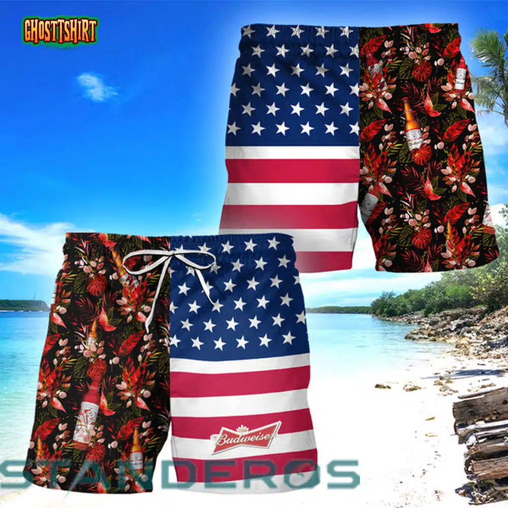 Budweiser Flower American Flag Hawaiian Beach Shorts