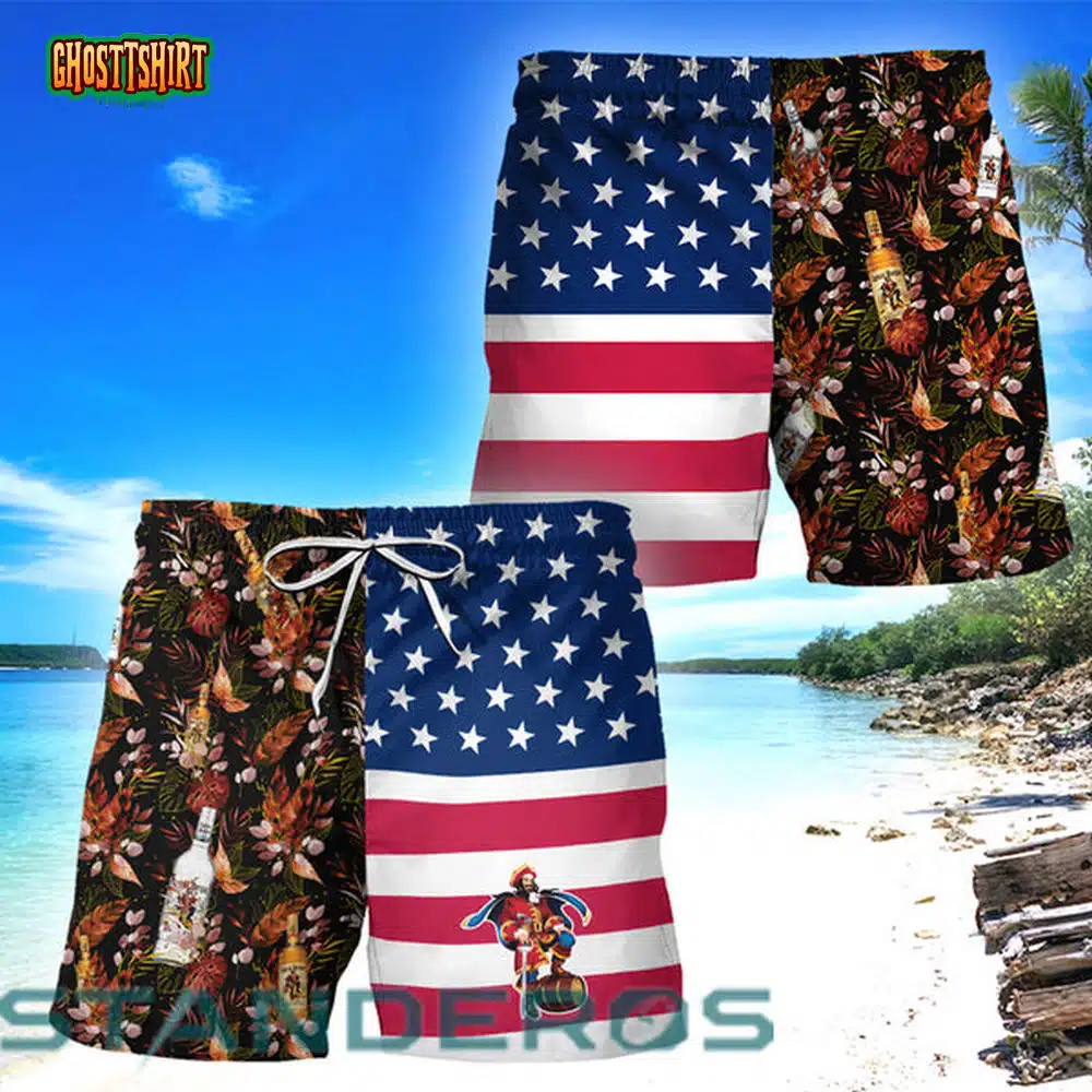 Captain Morgan Flower American Flag Hawaiian Beach Shorts