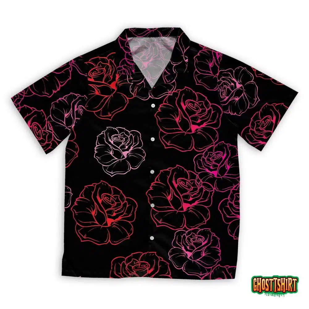 Dark Floral Pattern With Pink Red Roses Hawaiian Beach Shirt