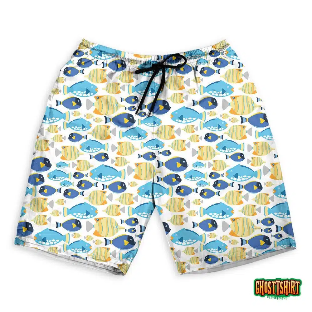 Fabric Seamless Pattern With Sea Fishes Hawaiian Beach Shorts