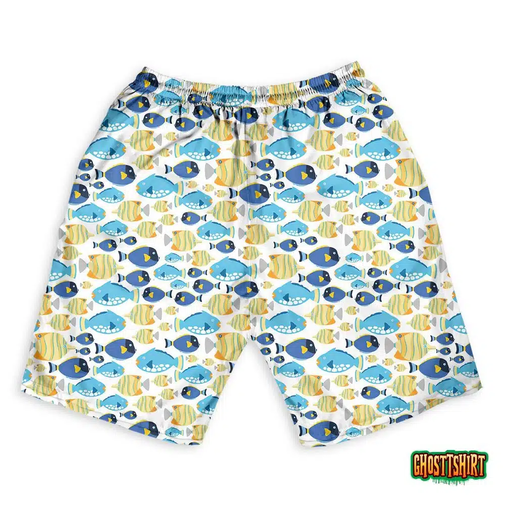Fabric Seamless Pattern With Sea Fishes Hawaiian Beach Shorts