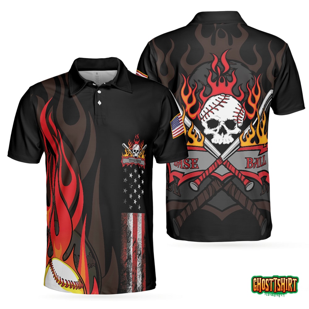 Flame Baseball Skull Polo Shirt