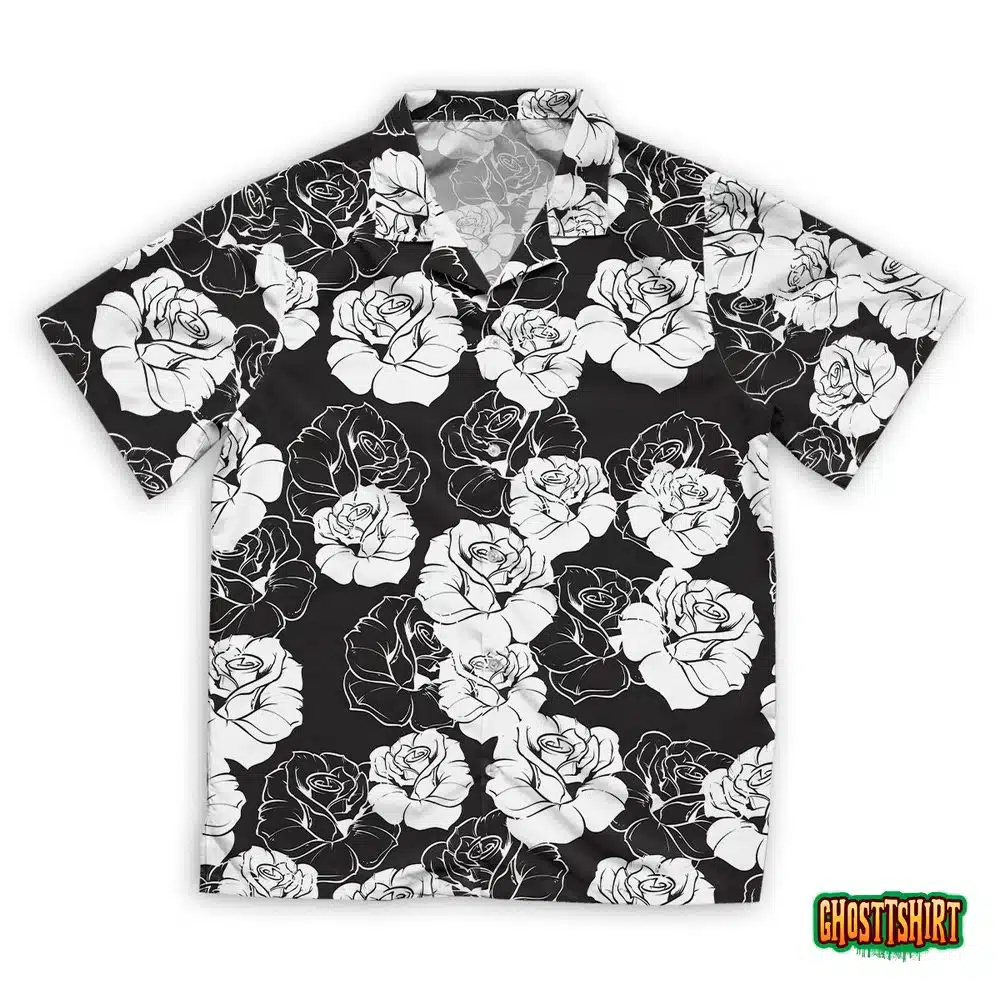 Floral Pattern With White Roses On Black Hawaiian Beach Shirt