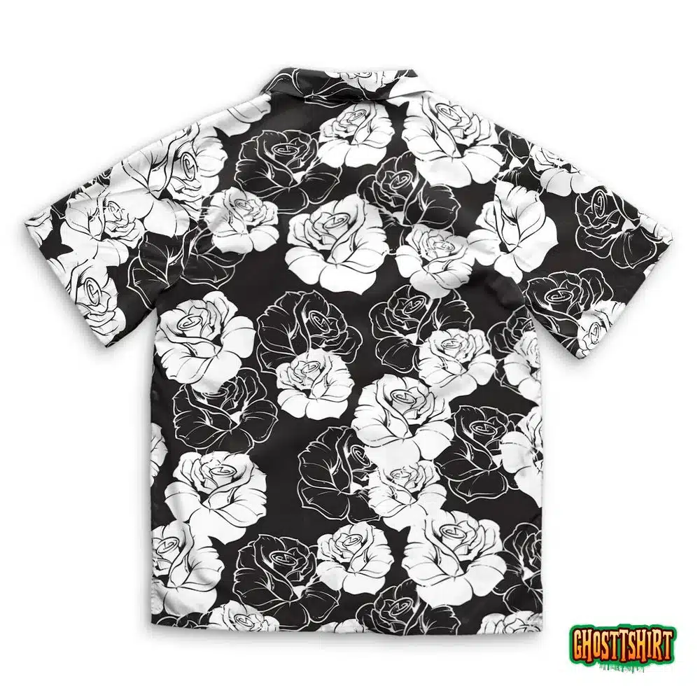 Floral Pattern With White Roses On Black Hawaiian Beach Shirt