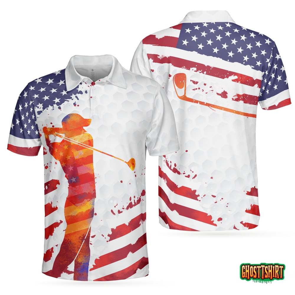 Golf Swing Abstract with American Flag Men Polo Shirt