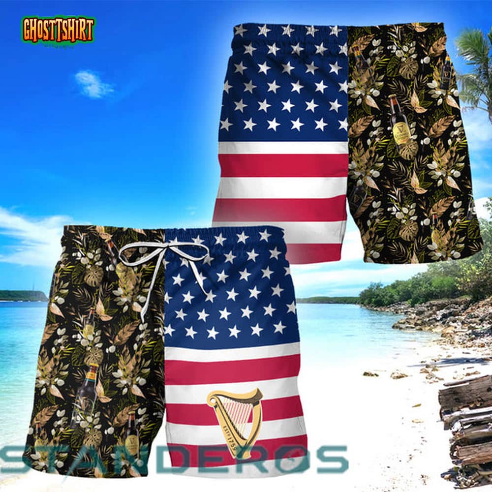 Guinness Beer Flower American Flag Hawaiian Beach Shorts