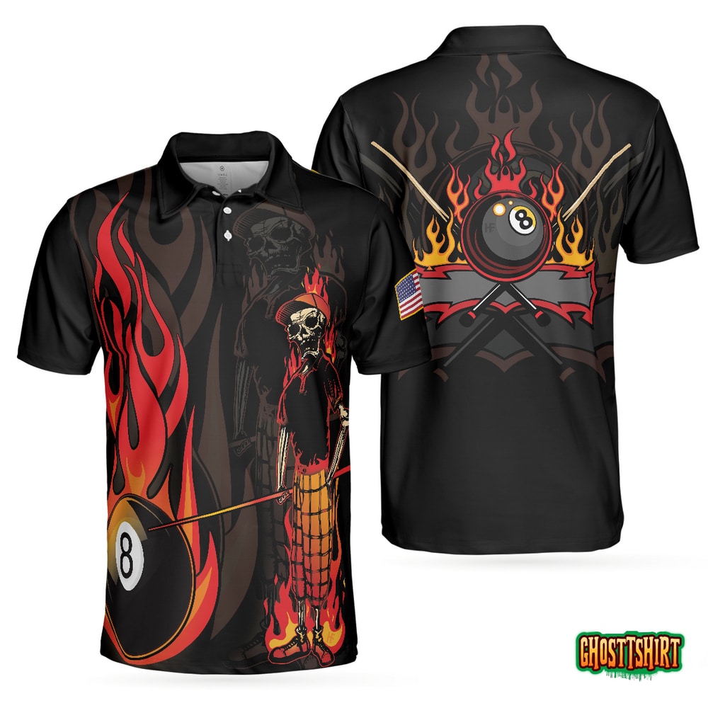 Mr Bones 8 Ball American Flag Billiards Skull Short Sleeve Polo Shirt