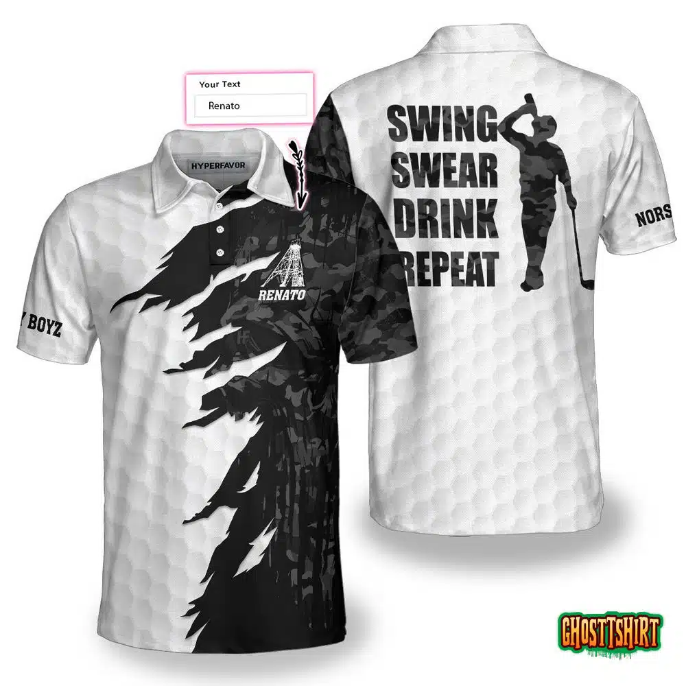 NORSEY BOYZ Swing Swear Drink Repeat Ripped Camouflage Skull Golf Custom Polo Shirt