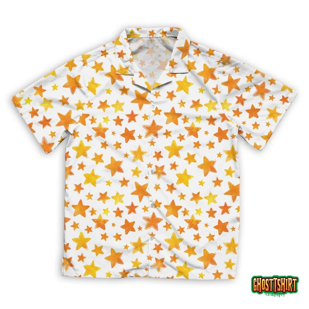 Orange Watercolor Painted Stars On White Hawaiian Beach Shirt