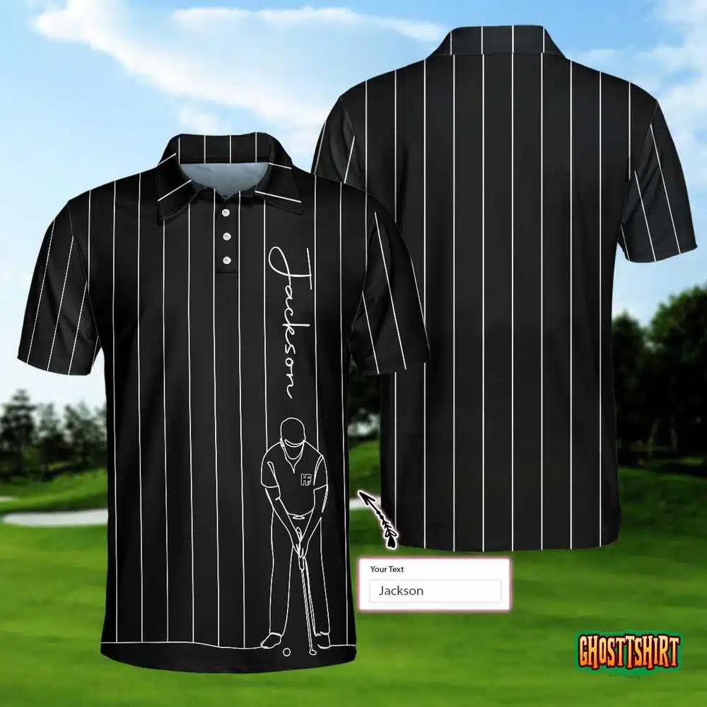 Personalized Black And White One Line Drawing Golfer Custom Polo Shirt