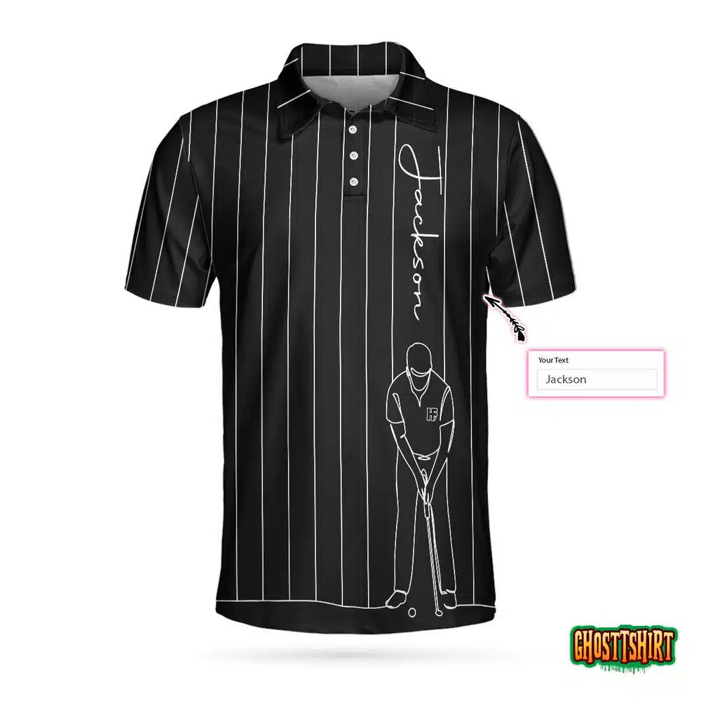 Personalized Black And White One Line Drawing Golfer Custom Polo Shirt