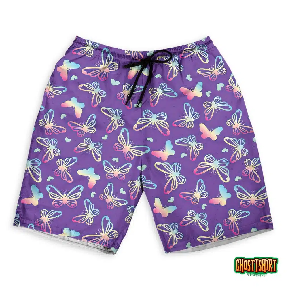 Rainbow Seamless Pattern With Cute Butterflies Hawaiian Beach Shorts