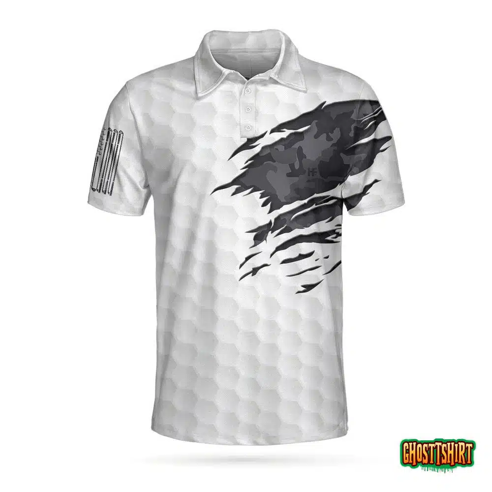 Ripped Vintage Golfing Skull Camouflaged Polo, Talk Birdie To Me Golf Pattern Polo Shirt