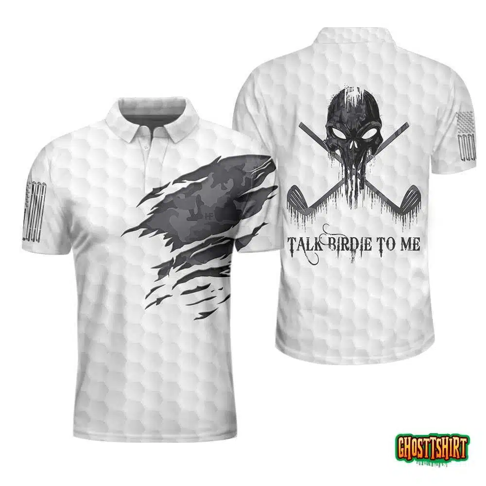 Ripped Vintage Golfing Skull Camouflaged Polo, Talk Birdie To Me Golf Pattern Polo Shirt