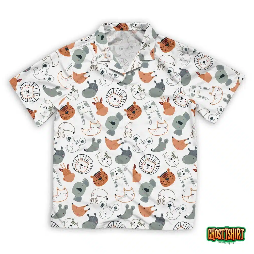 Seamless Pattern With Cute Animal Faces Vector Hawaiian Beach Shirt