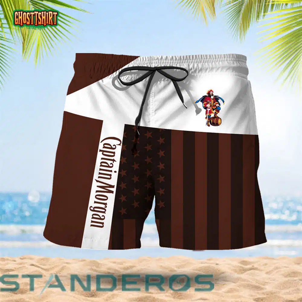 Summer American Flag Patch Captain Morgan Hawaiian Beach Shorts