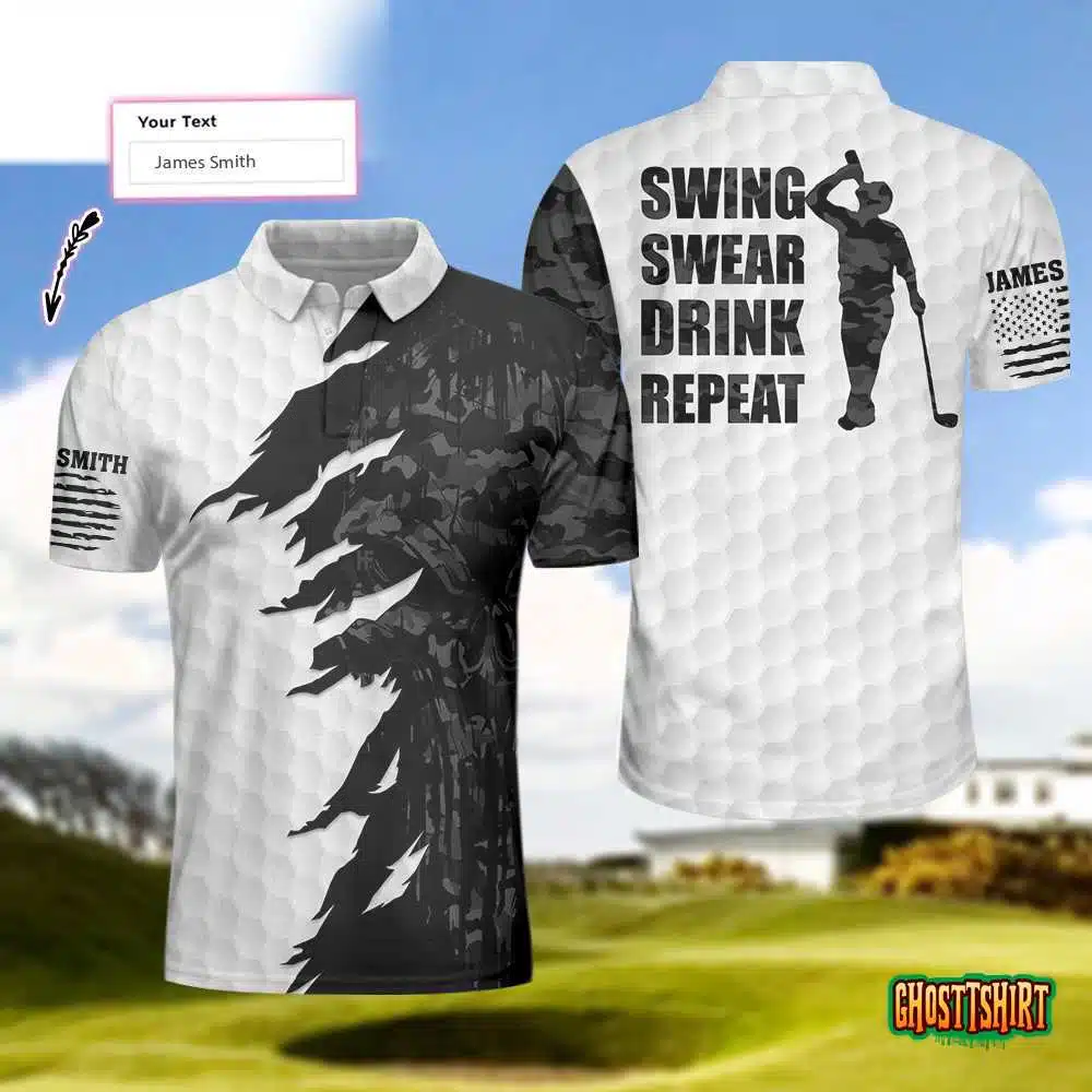 Swing Swear Drink Repeat Ripped Camouflage Skull Golf Custom Polo Shirt