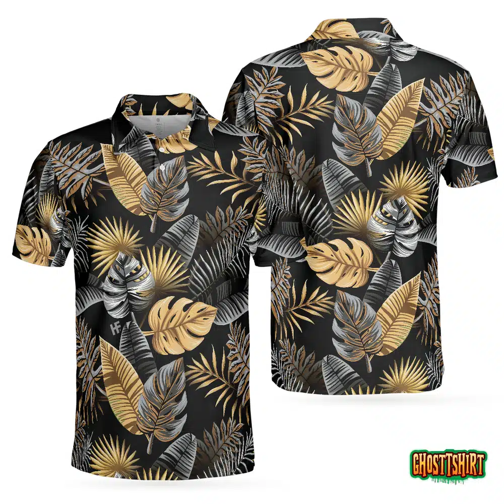 Tropical Golden Palm Leaves Pattern Polo Shirt