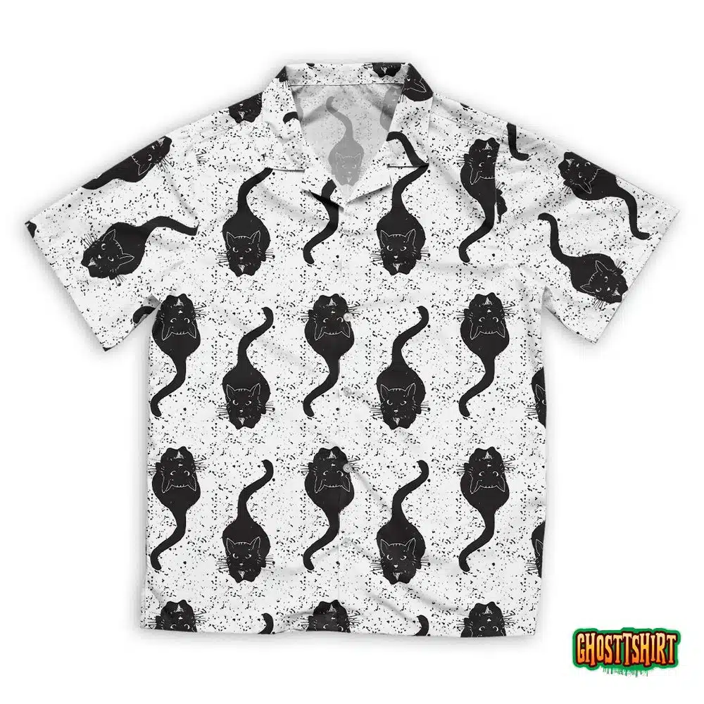 Vintage Black Cats Pattern Hand Drawn Hawaiian Beach Shirt