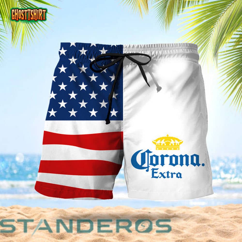 Vintage USA Flag Fourth Of July Corona Extra Hawaiian Beach Shorts