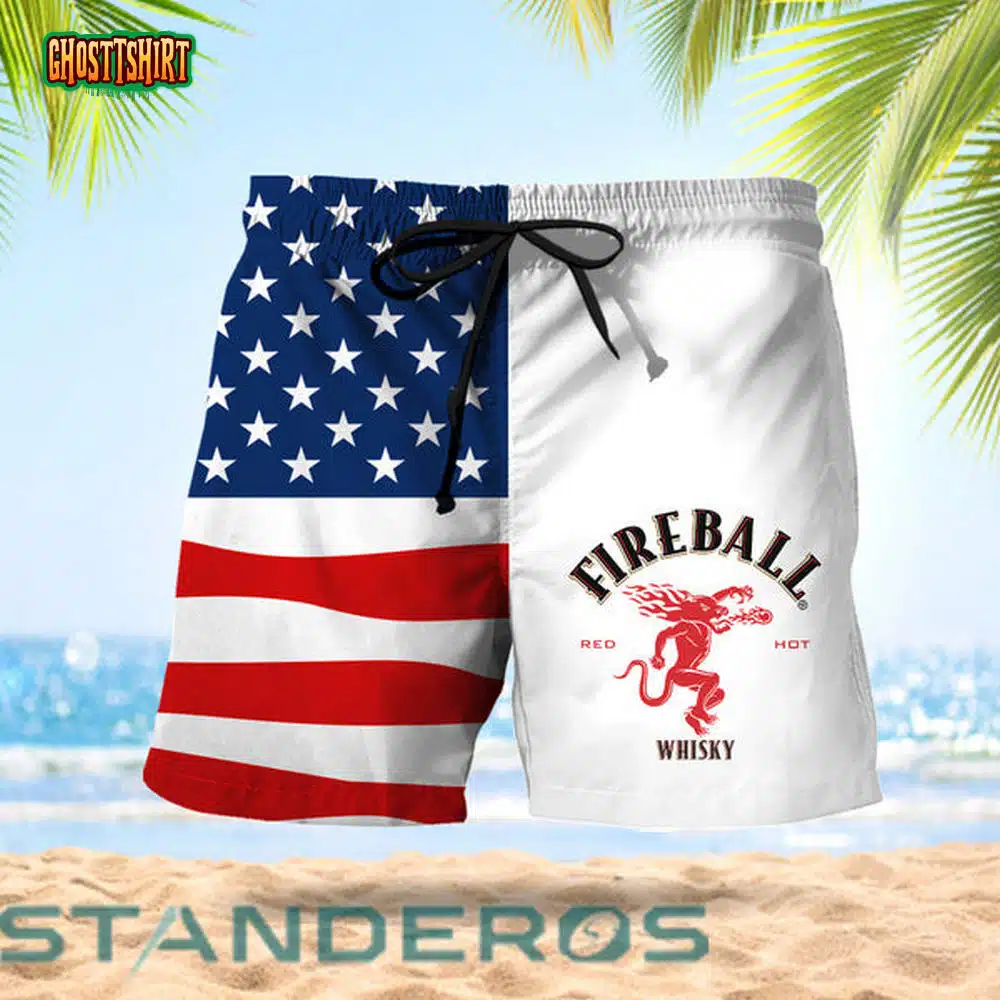 Vintage USA Flag Fourth Of July Fireball Whisky Hawaiian Beach Shorts