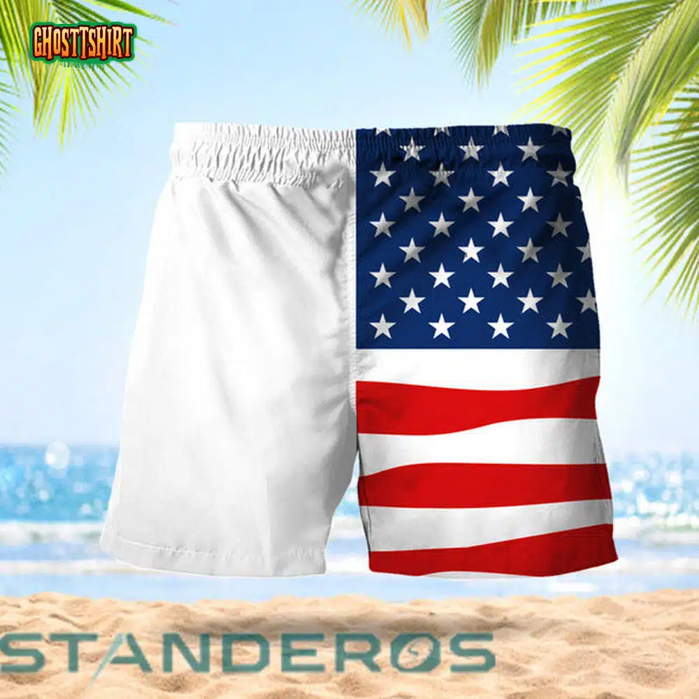 Vintage USA Flag Fourth Of July Fireball Whisky Hawaiian Beach Shorts