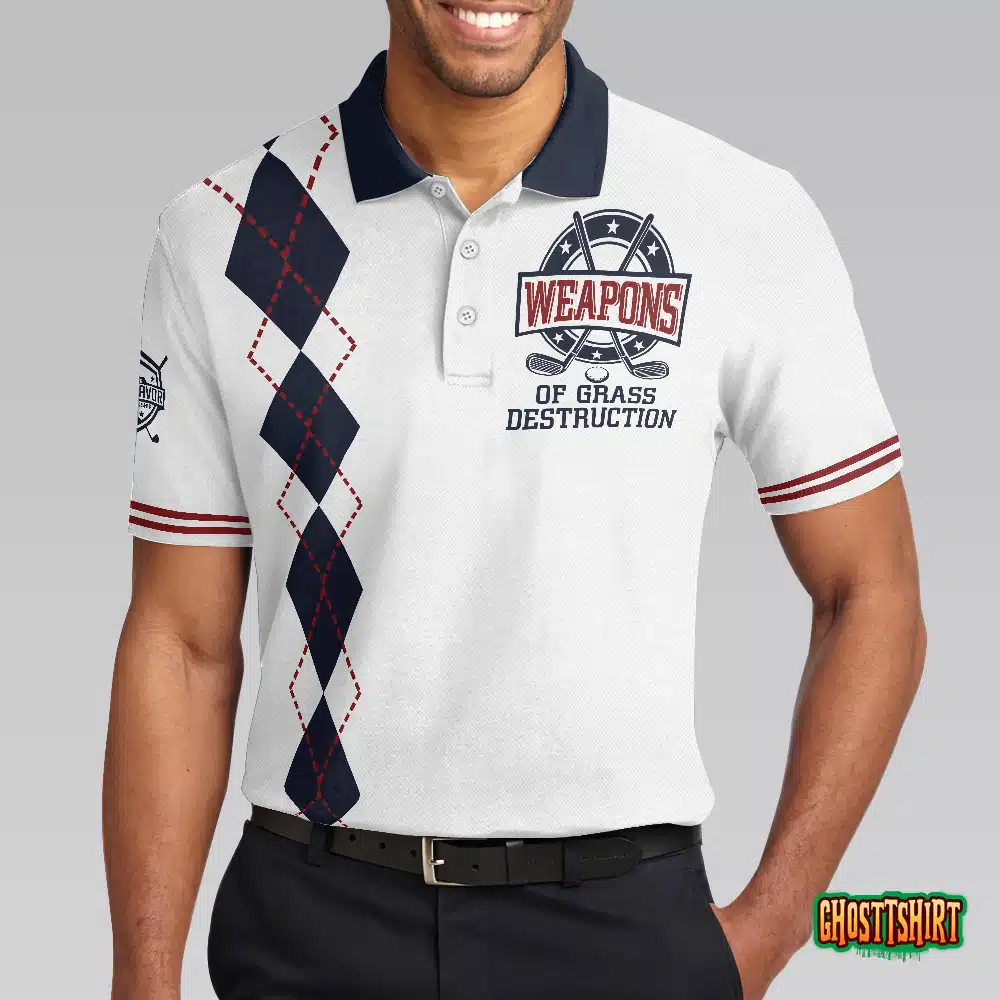 Weapons Of Grass Destruction Short Sleeve Polo Shirt, White And Navy Argyle Pattern Polo Shirt