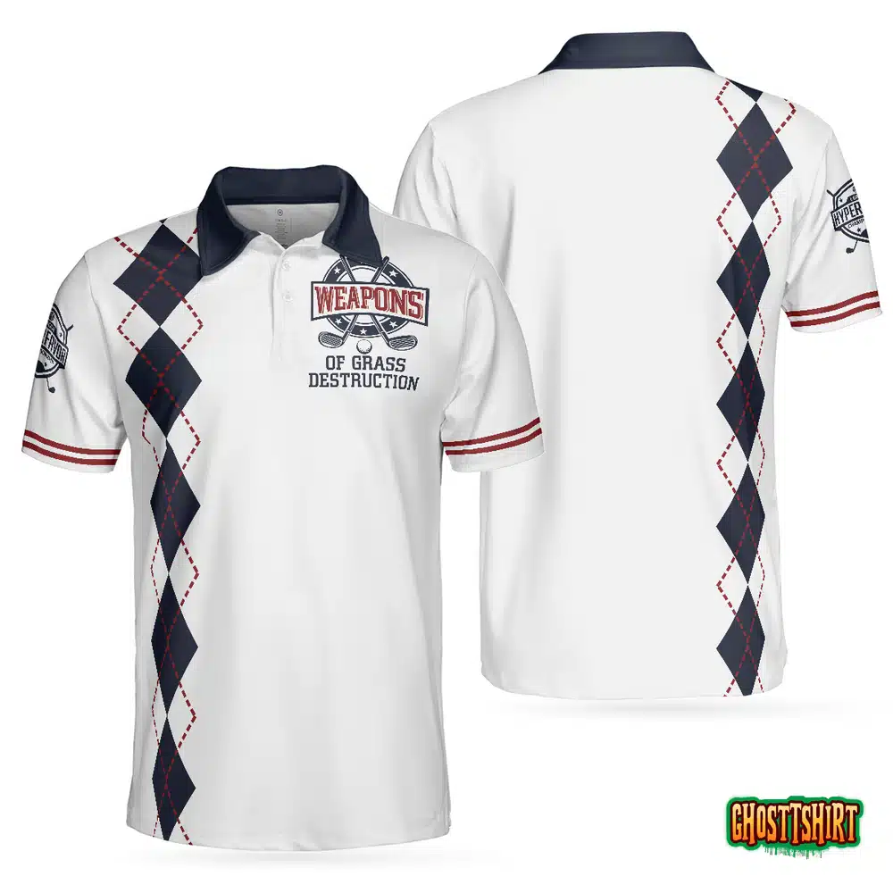 Weapons Of Grass Destruction Short Sleeve Polo Shirt, White And Navy Argyle Pattern Polo Shirt