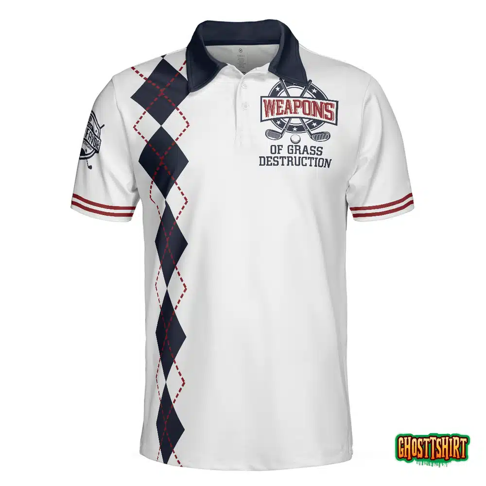Weapons Of Grass Destruction Short Sleeve Polo Shirt, White And Navy Argyle Pattern Polo Shirt