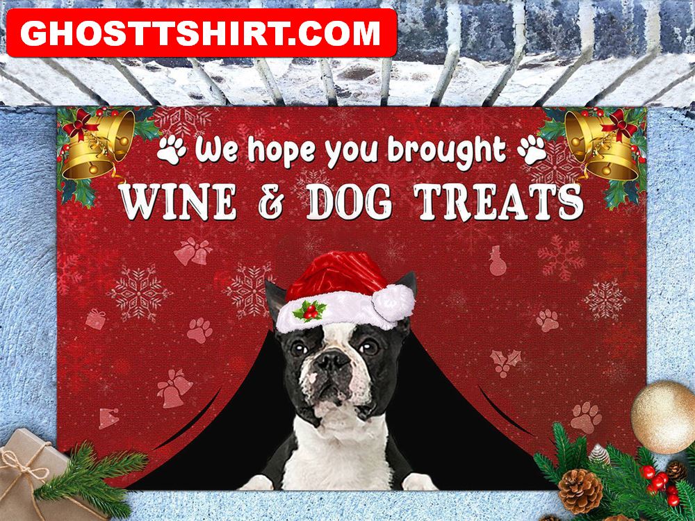 Boston Terrier Wine & Dog Treats Outdoor Christmas Doormat