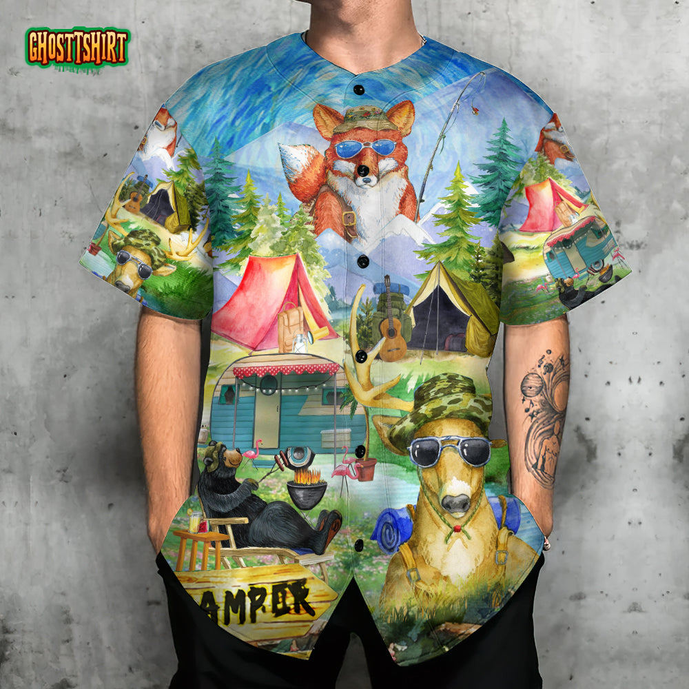 Camping Happy Animals Art Style Baseball Jersey