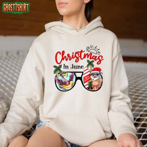 Christmas In June Sunglasses Santa Flamingo Summer Vacation T-Shirt
