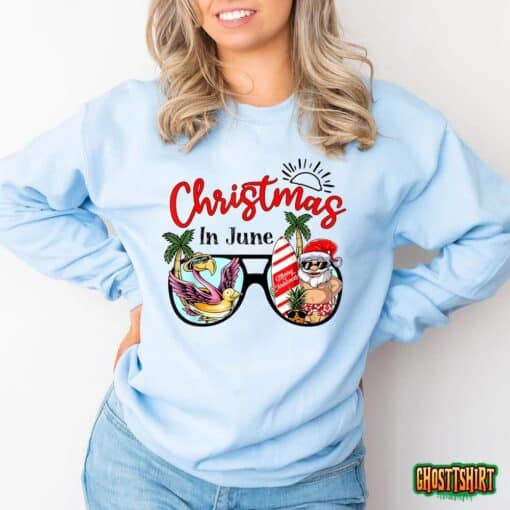 Christmas In June Sunglasses Santa Flamingo Summer Vacation T-Shirt