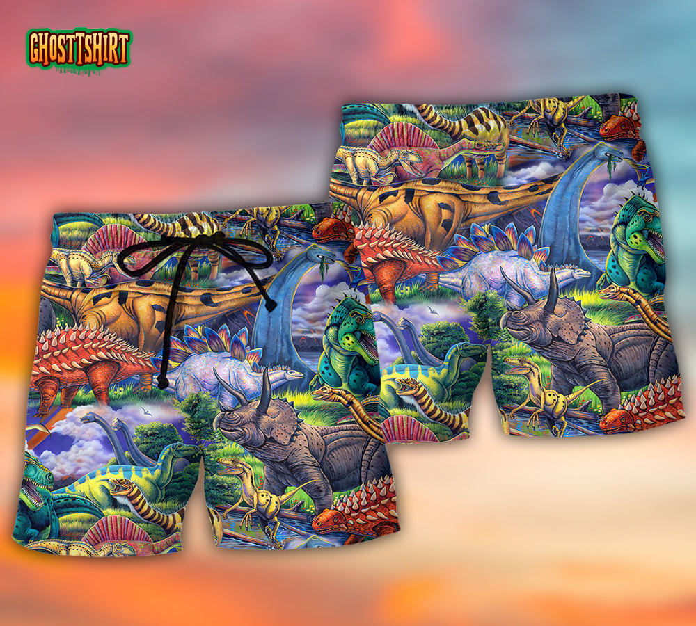 Dinosaur Art Coloful Style Hawaiian Beach Short