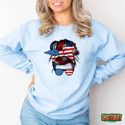 Messy Bun American Flag Glasses 4th Of July Patriotic Mom T-Shirt