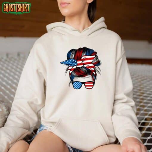 Messy Bun American Flag Glasses 4th Of July Patriotic Mom T-Shirt