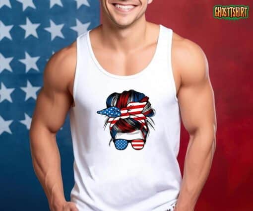 Messy Bun American Flag Glasses 4th Of July Patriotic Mom T-Shirt