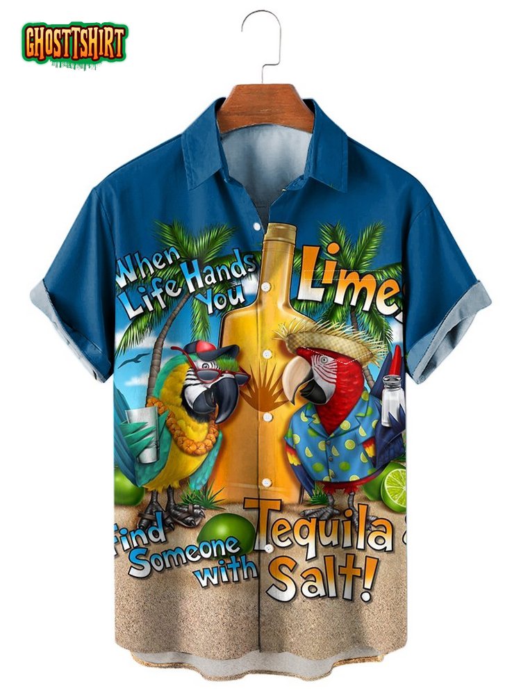 Fun Parrots Print Casual Loose Short-Sleeved Hawaiian Shirt