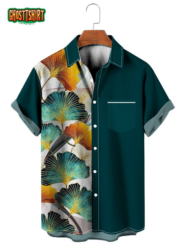 Ginkgo Print Pocket Short Sleeve Summer Hawaiian Shirt