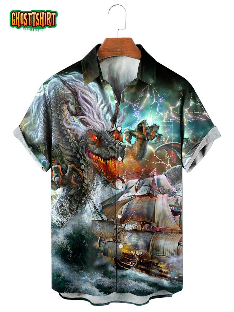 Men's Hawaiian Shirts Monster Dragon Kraken Print Chest Pocket Aloha Shirts