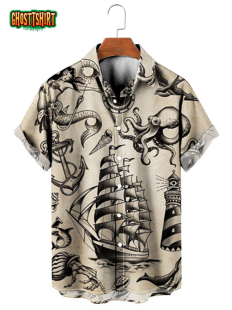 Vintage Hawaiian Shirts Nautical Mermaid Boat Oversized Aloha Wrinkle-Free Shirt