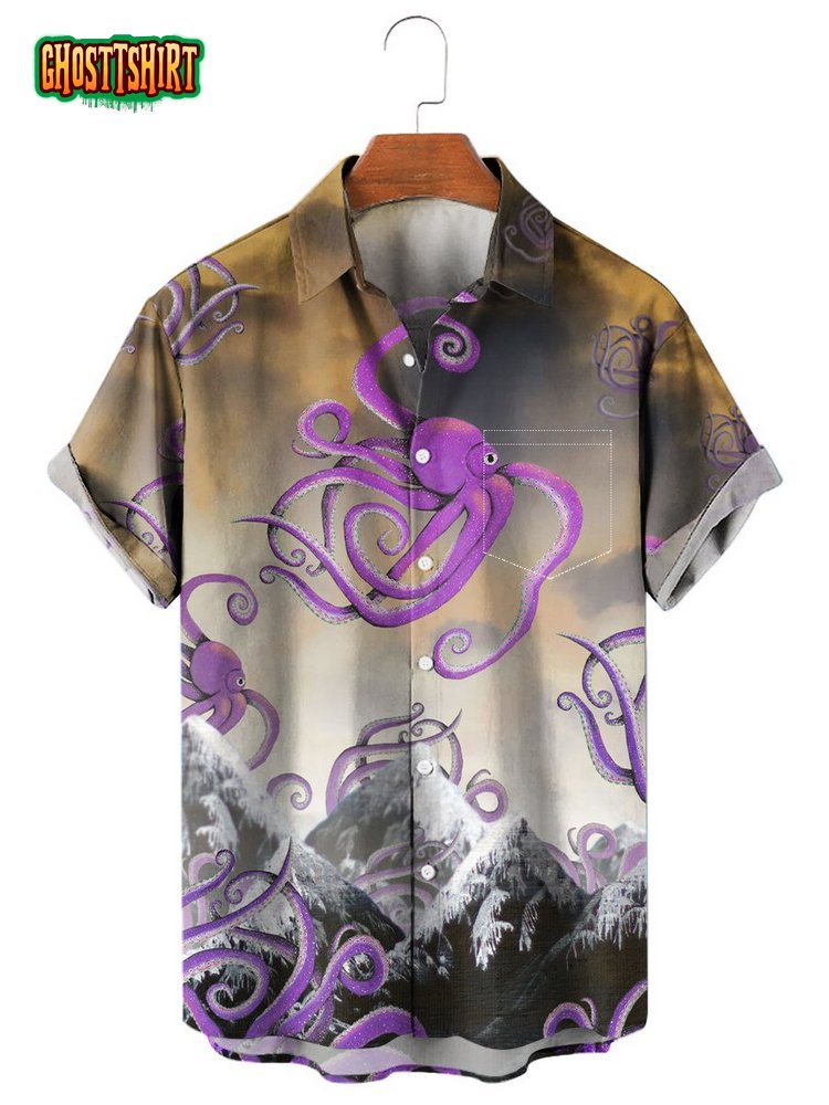 Vintage Hawaiian Shirts Ocean Octopus Print Easy Care Aloha Shirts